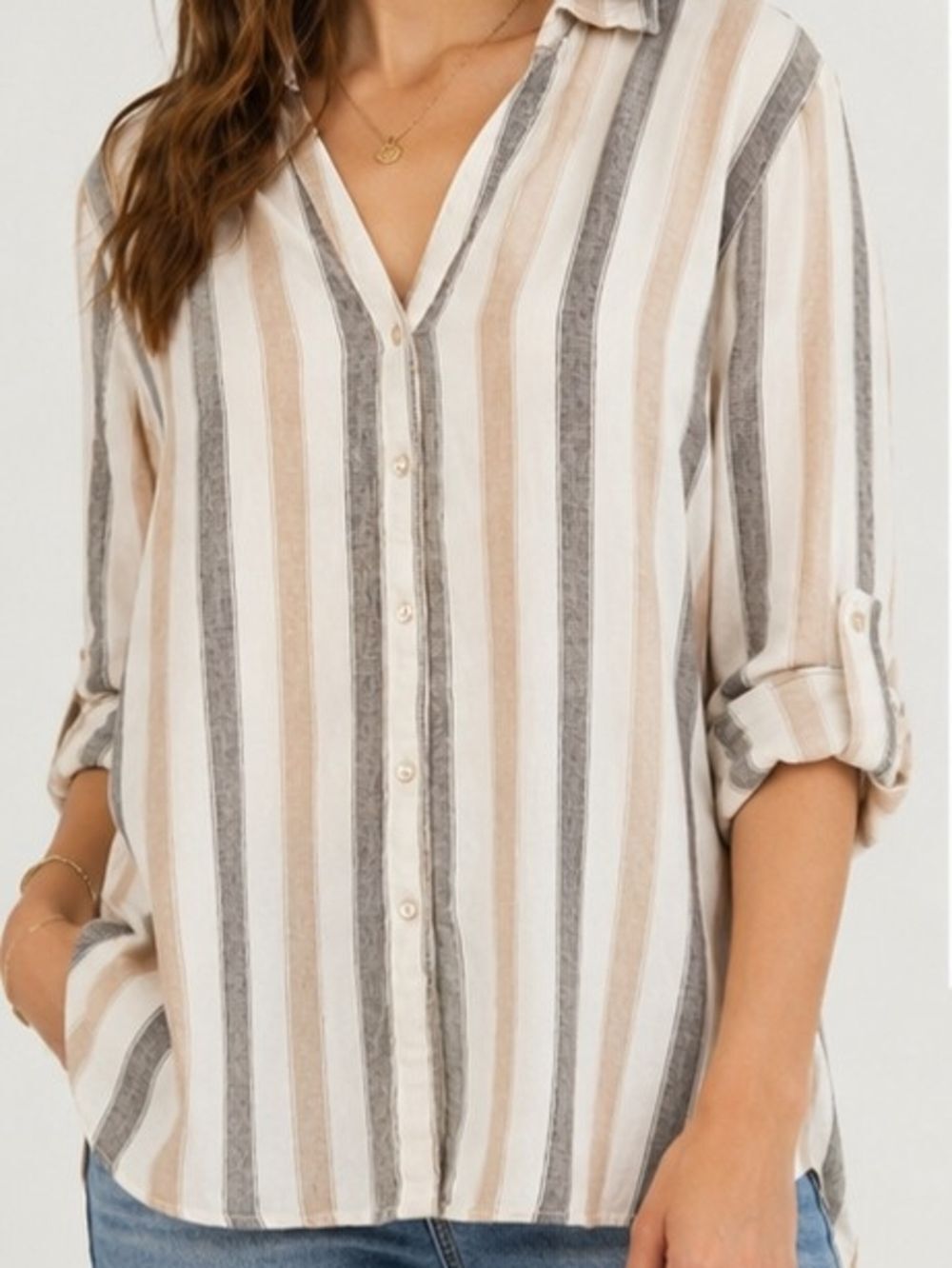 Tahari Linen Blend Striped Button Front Tunic Blouse Women's Sz L Beige Gray Tan